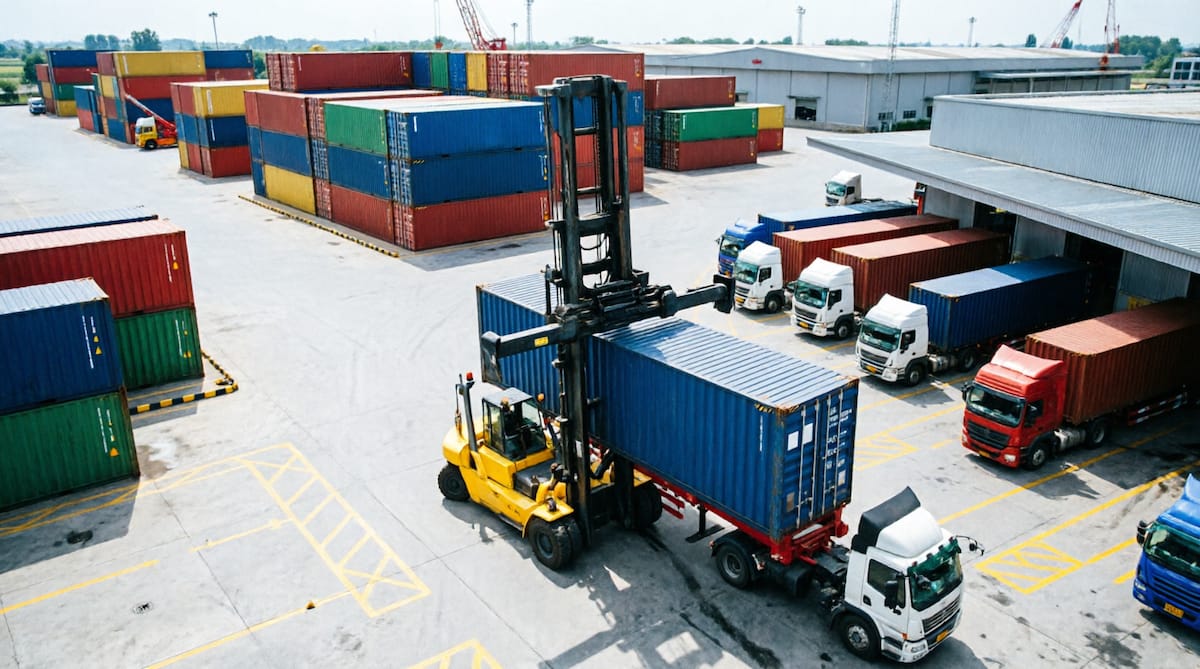 A reach stacker lifting a shipping container onto a road trailer in a container yard, with trucks queued at a warehouse dock behind.