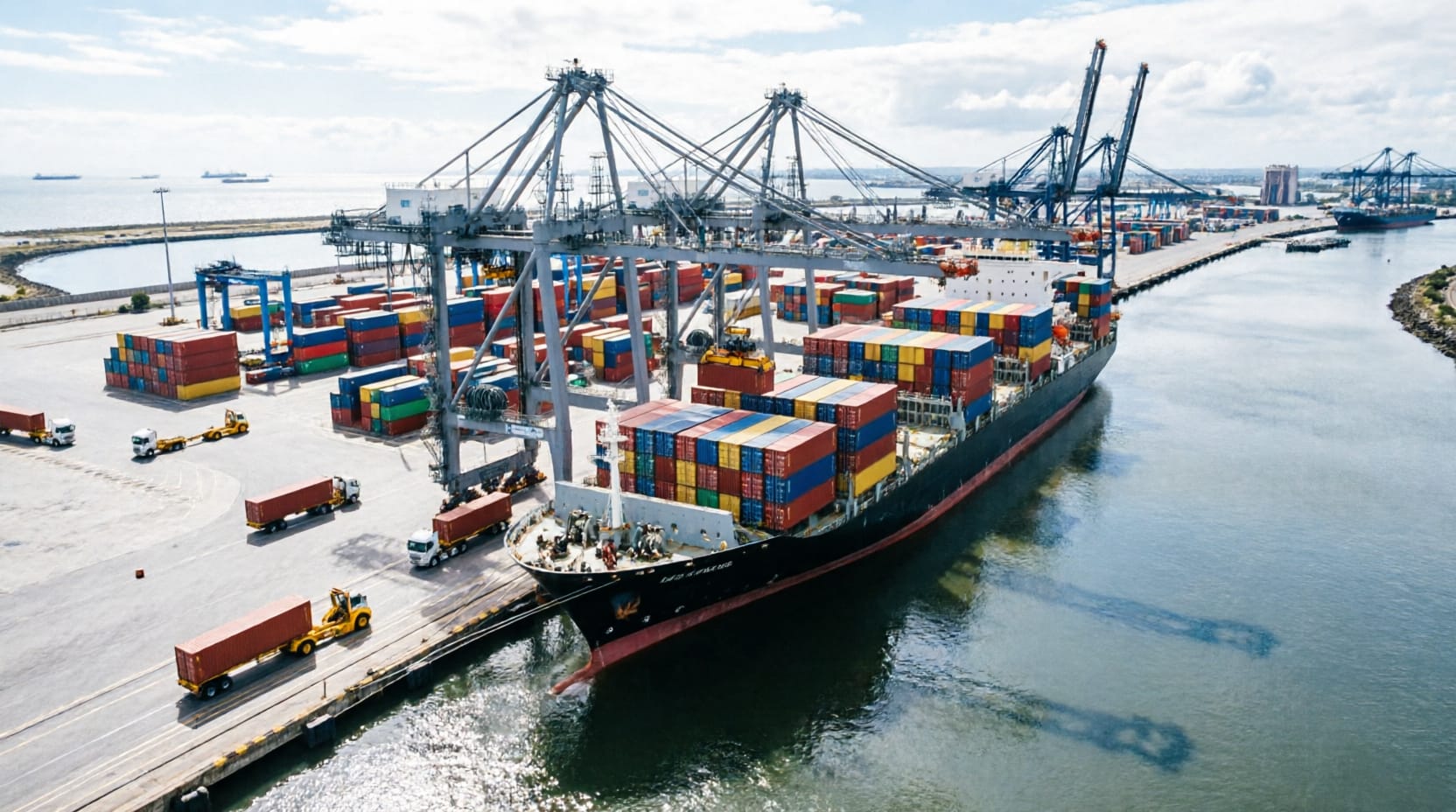A container ship berthed under gantry cranes at a terminal, with stacked containers and road trailers on the quay.
